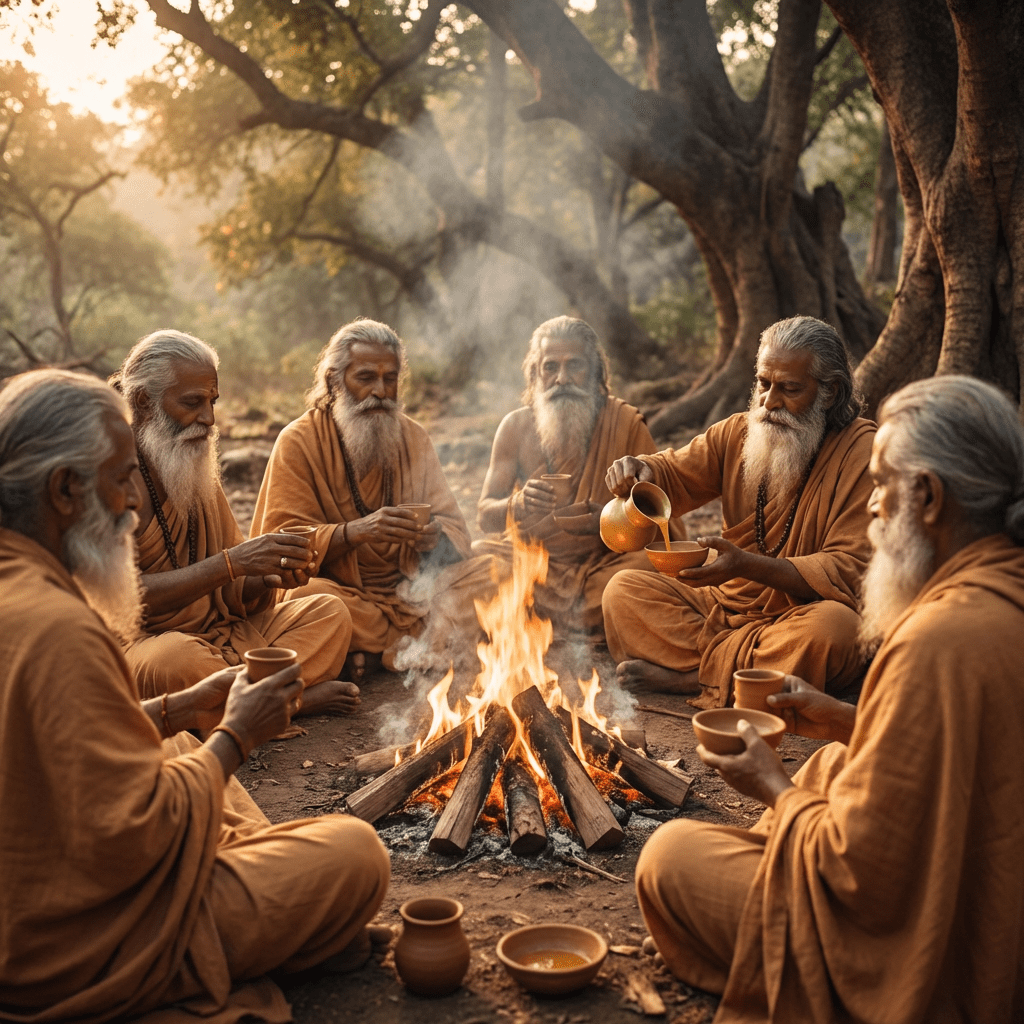 Six sadhus in saffron robes sitting around a forest campfire.
