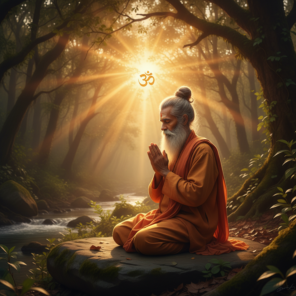 Vedic sage praying to sun god forest