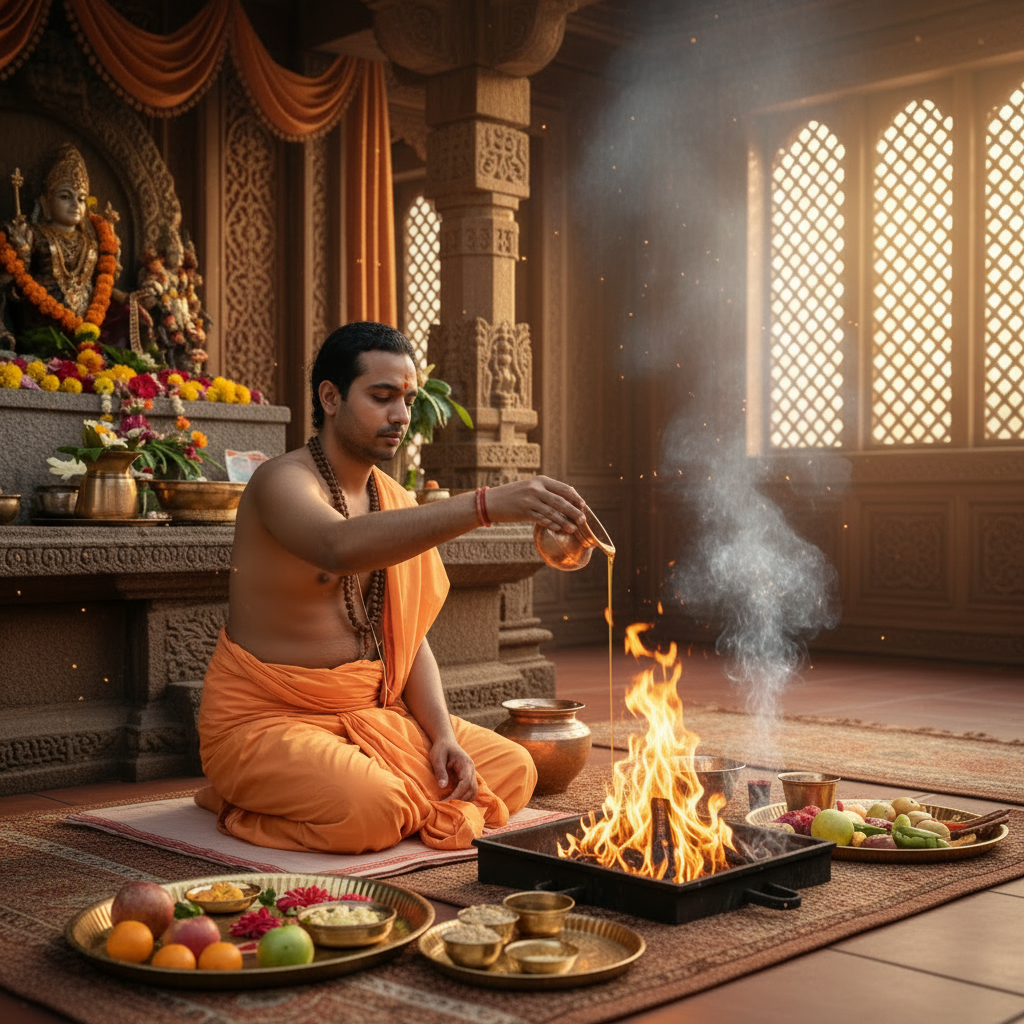Priest in saffron robes pouring ghee into a ritual fire in a temple courtyard.