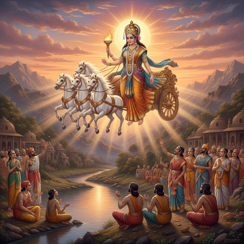 Goddess in a chariot pulled by four white horses flying over praying devotees.