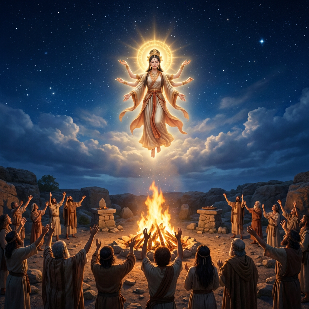 Multi-armed goddess glowing in the night sky above people worshiping around a large campfire.