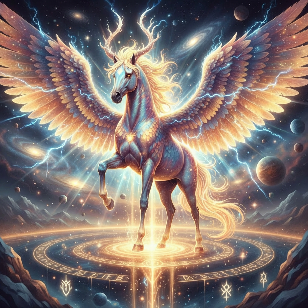 A winged blue horse with golden antlers standing on a glowing platform in space.