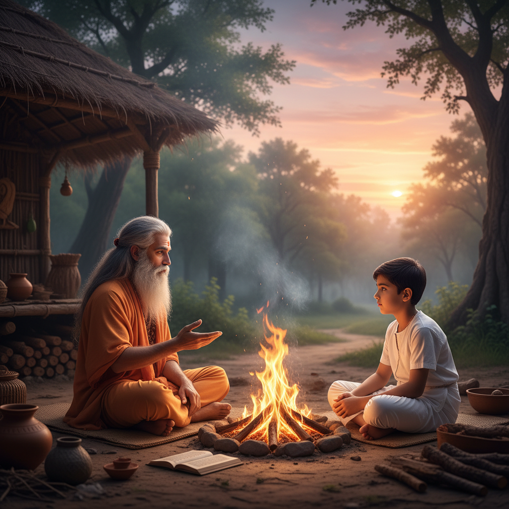 An elderly sage in orange robes teaching a young boy beside a crackling campfire.