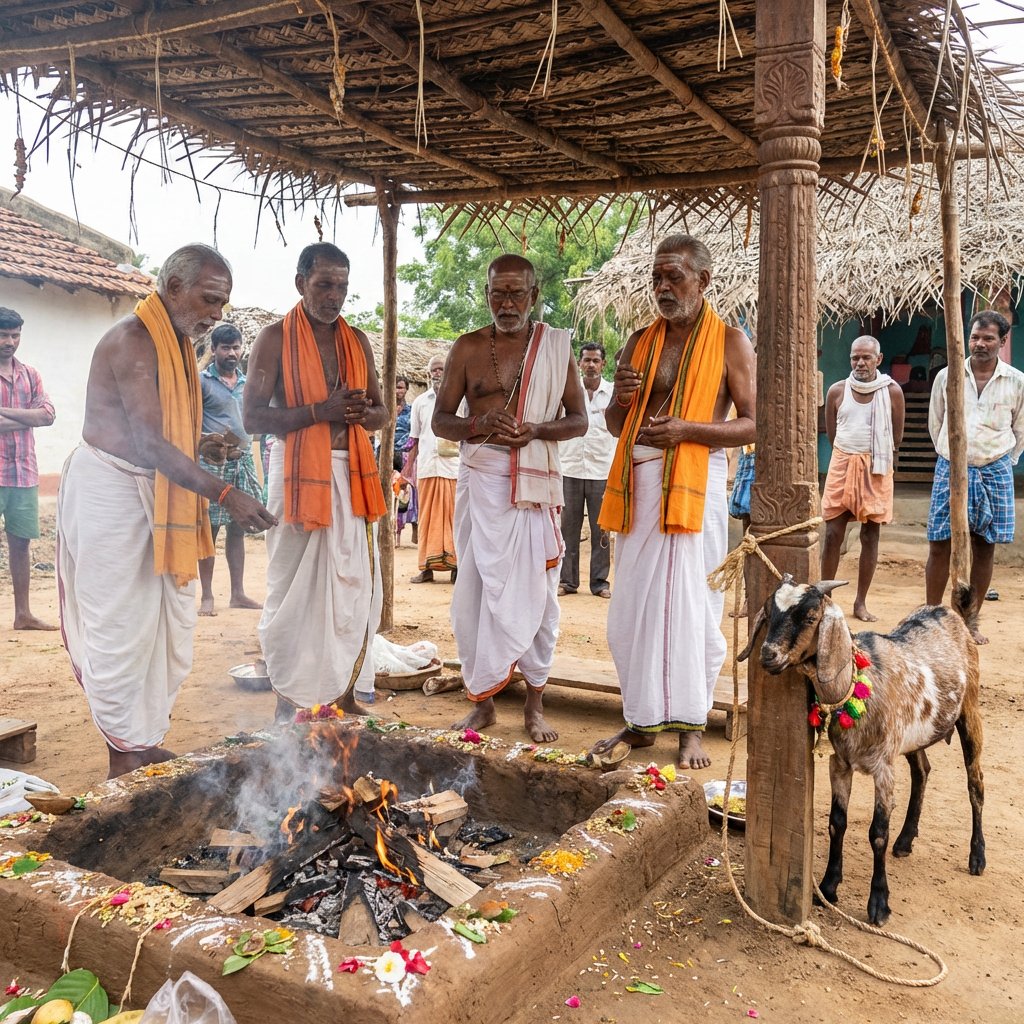 Men in traditional veshtis perform a sacred fire ritual around a decorated mud pit.