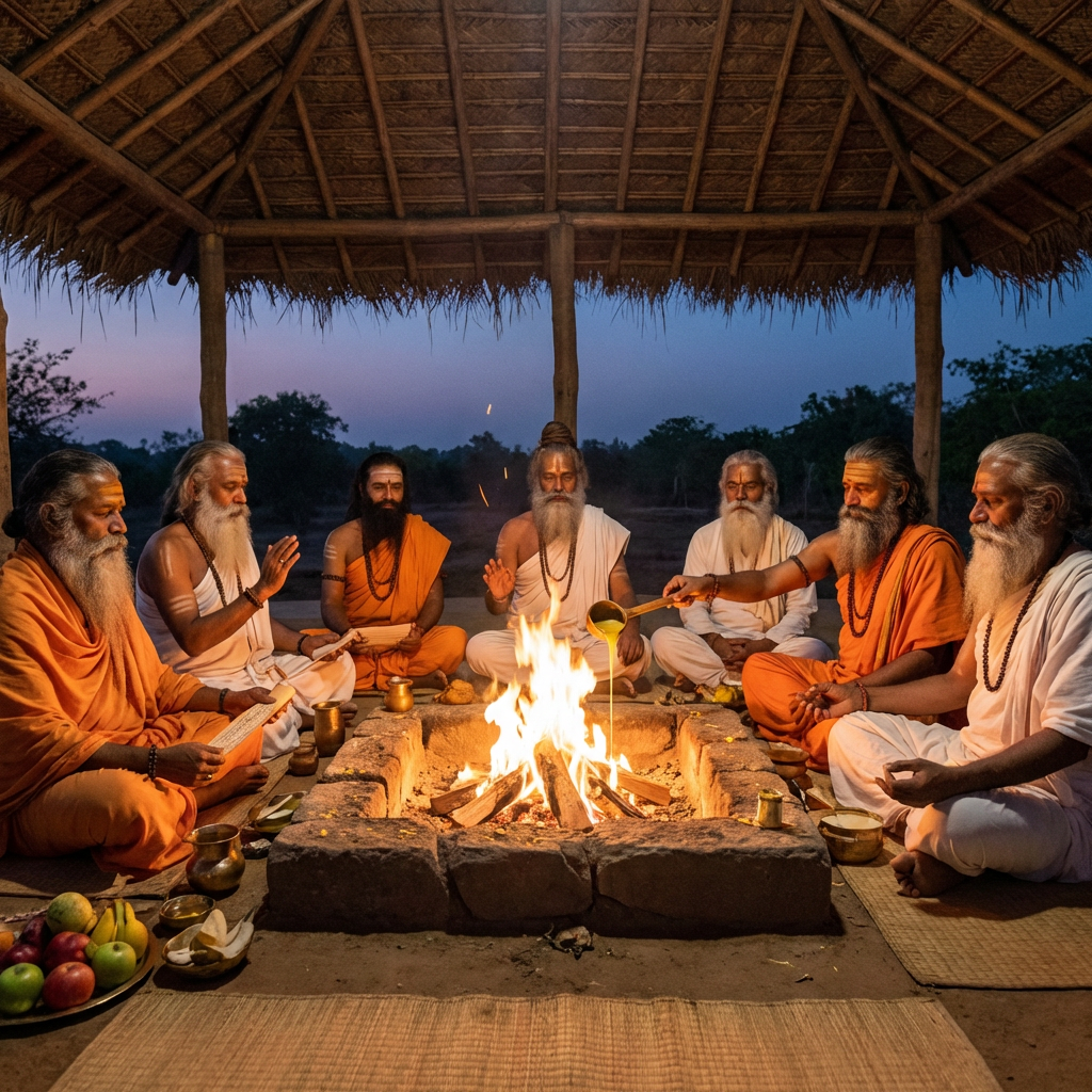 Group of Hindu sages sitting around a ritual fire under a thatched roof at dusk.