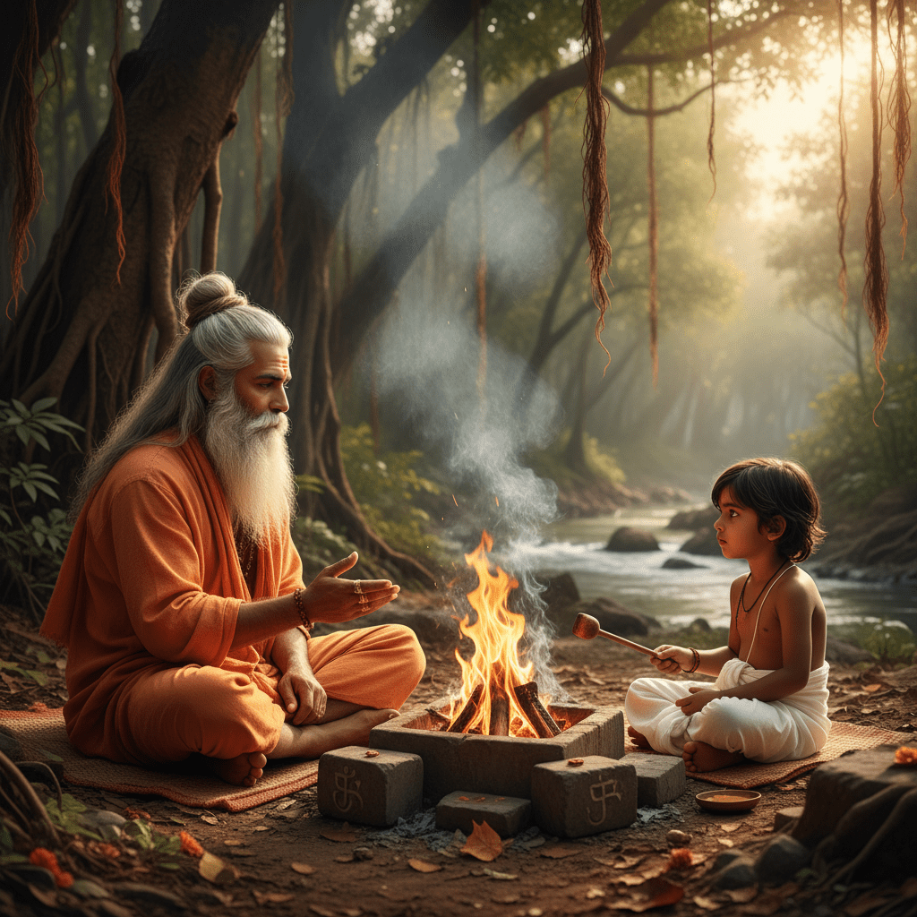Elderly man in orange robes and boy sit by a ritual fire in a forest.