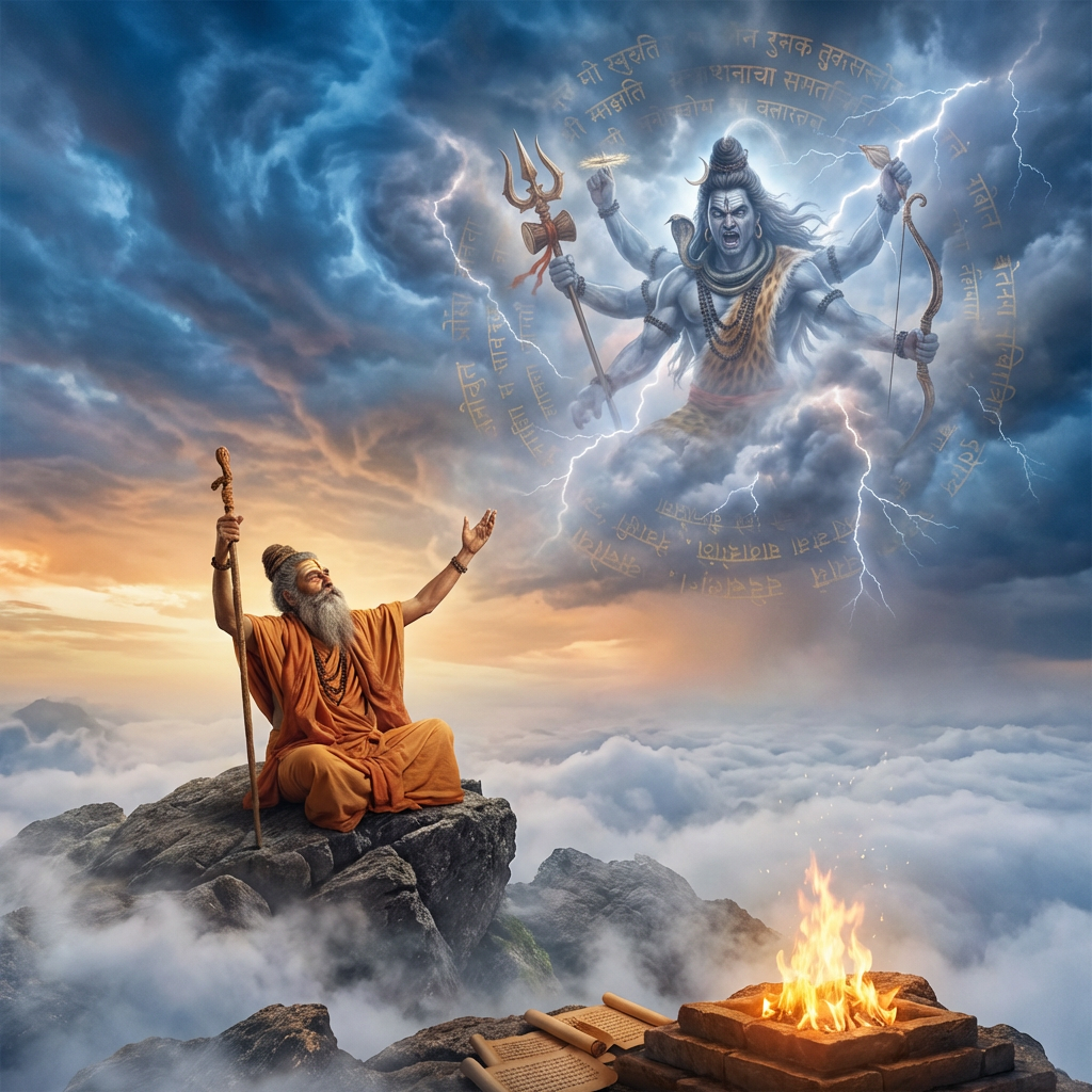 An ascetic on a mountain peak looks up at a multi-armed deity appearing in stormy clouds.