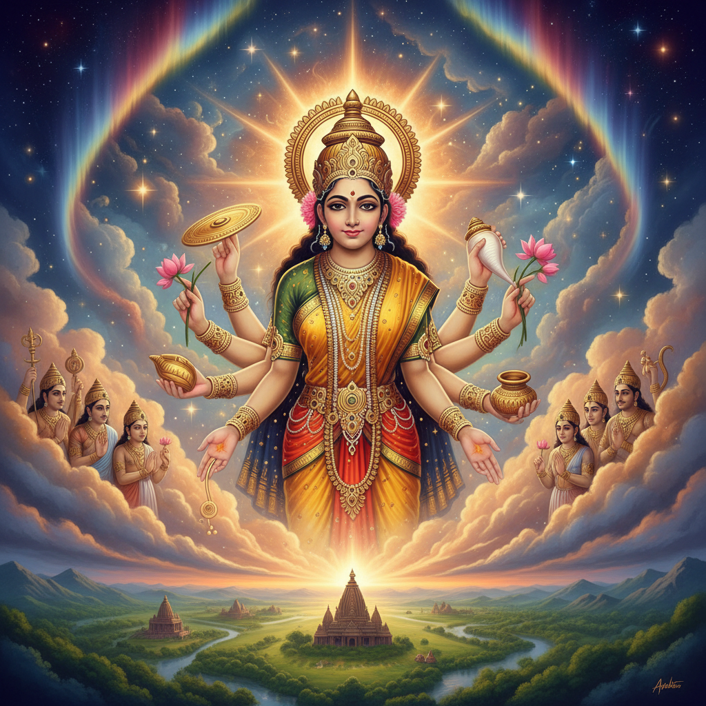 A multi-armed Hindu goddess in golden attire surrounded by celestial clouds and devotees.