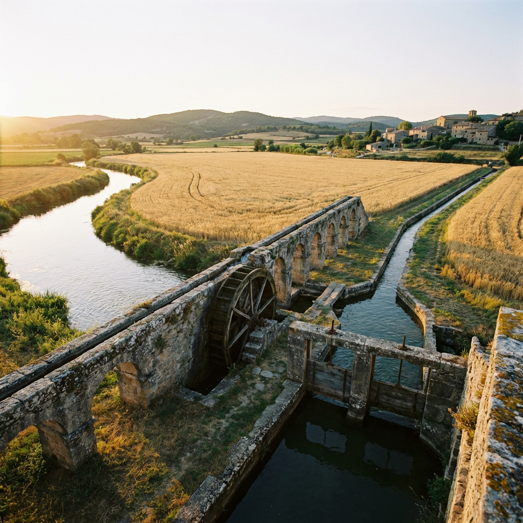 Historic stone aqueduct and water wheel overlooking a winding river and golden harvest fields.