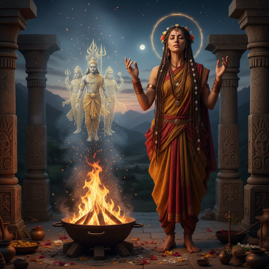 Femme rishi védique invoquant les dieux au feu