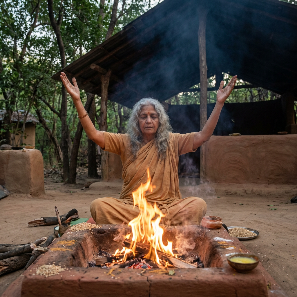 Vedic woman rishi invoking gods by fire