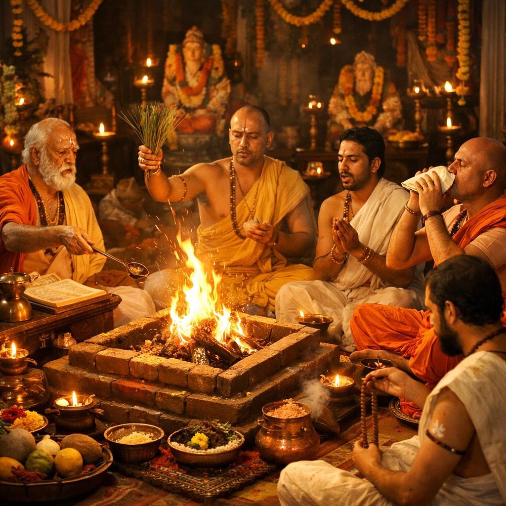 Group of Hindu priests around a fire altar performing a traditional ritual with sacred items