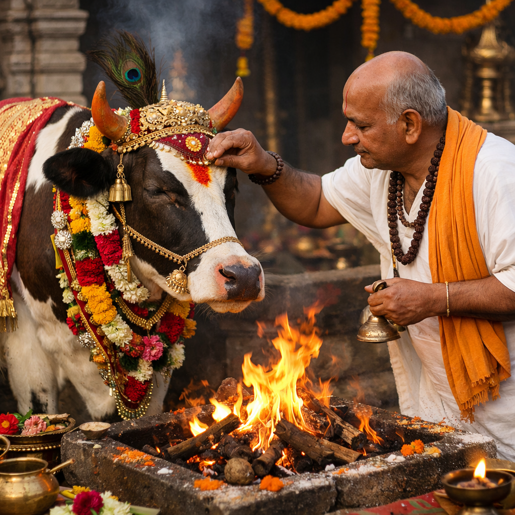 Priest placing a mark on a decorated cow's forehead during a fire ritual