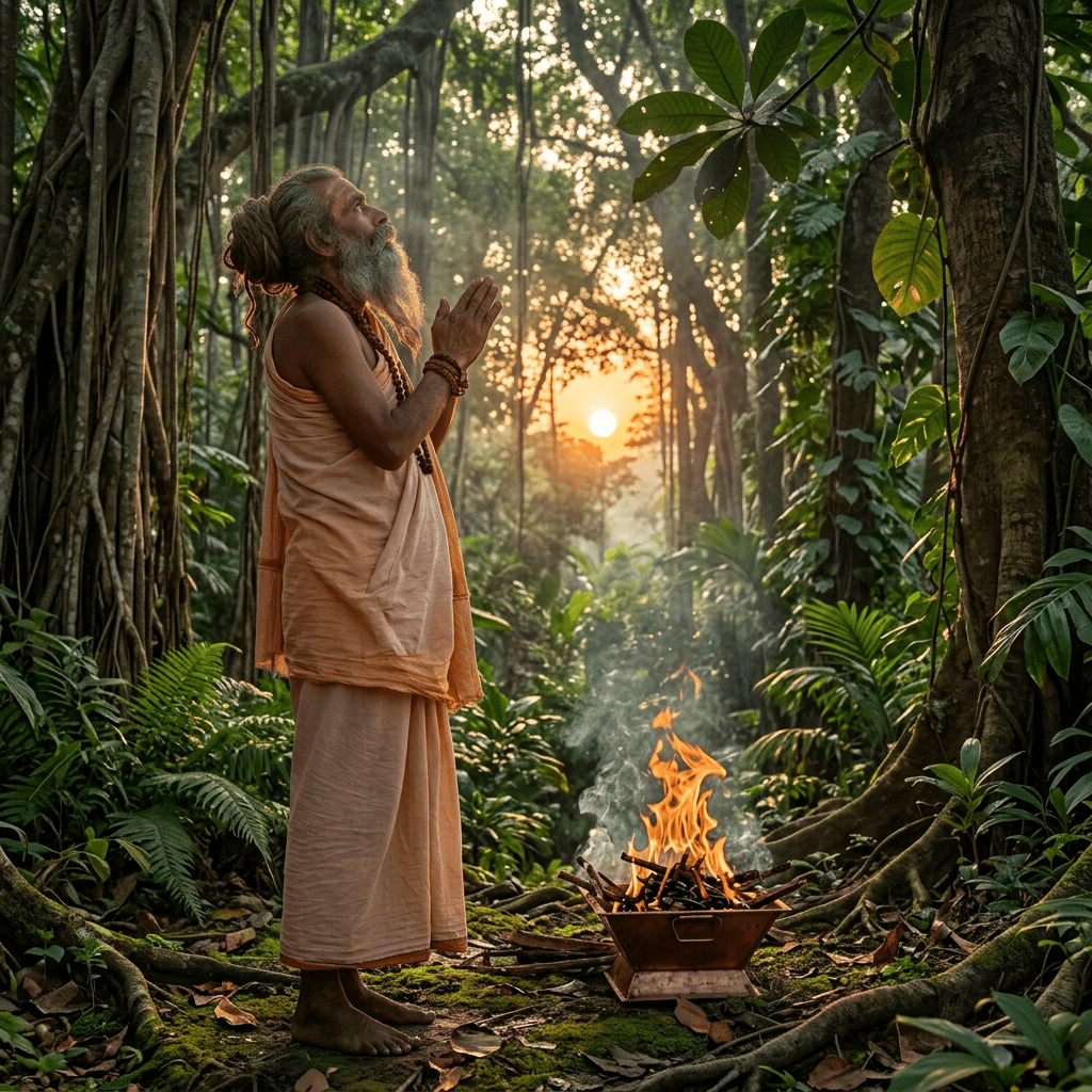 Man in traditional robes standing barefoot by a sacred fire on stone steps near a river at sunrise