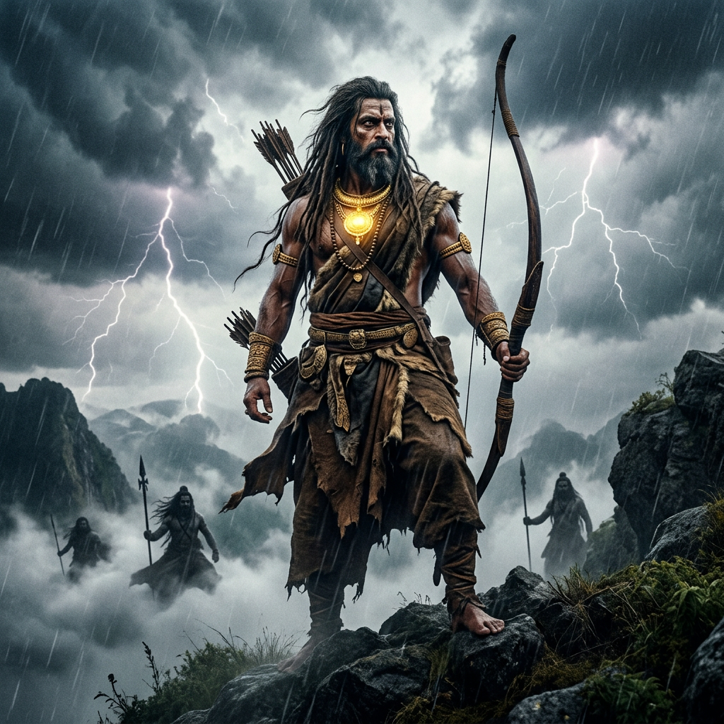 Ancient warrior holding bow with arrows in stormy mountainous landscape