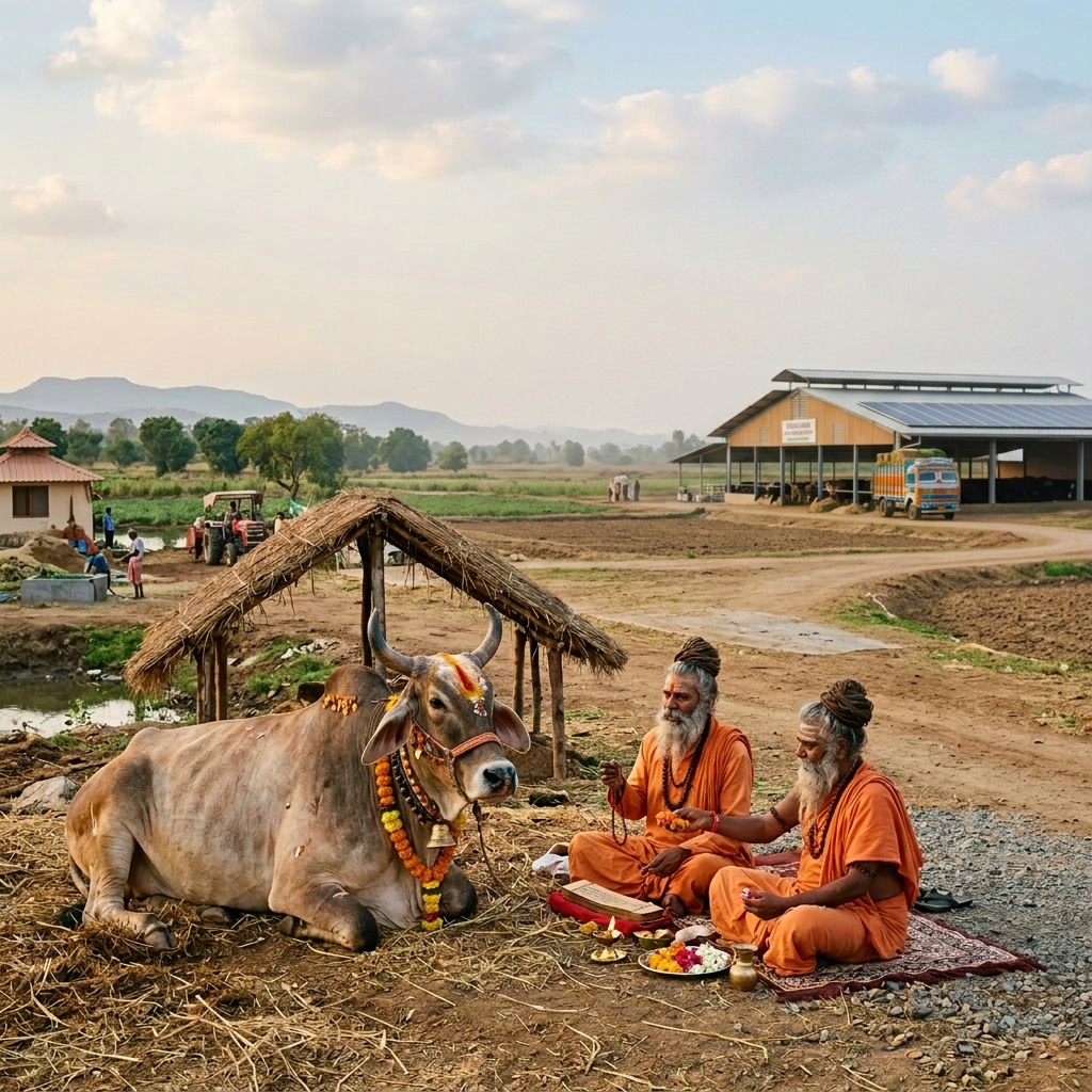 Two men in orange robes seated on a mat conducting a cow blessing ritual near a decorated cow at a dairy farm with cattle shed and truck in background