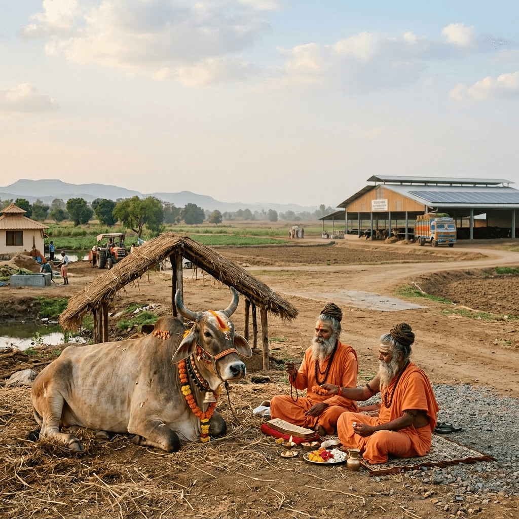 Two men in orange robes seated on a mat conducting a cow blessing ritual near a decorated cow at a dairy farm with cattle shed and truck in background