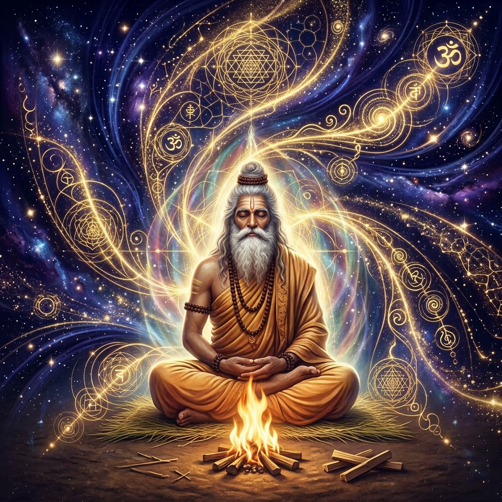 Golden sacred geometry symbols and spirals over a vibrant blue cosmic starfield with galaxies