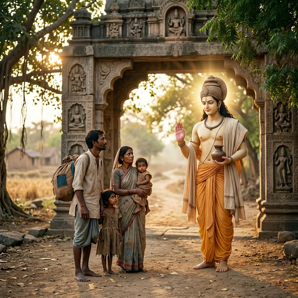 Deity statue blessing a standing rural family of four near stone temple archway