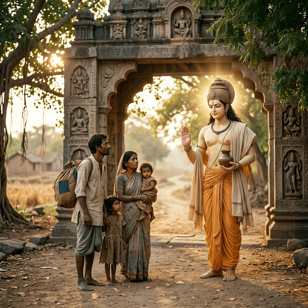 Deity statue blessing a standing rural family of four near stone temple archway
