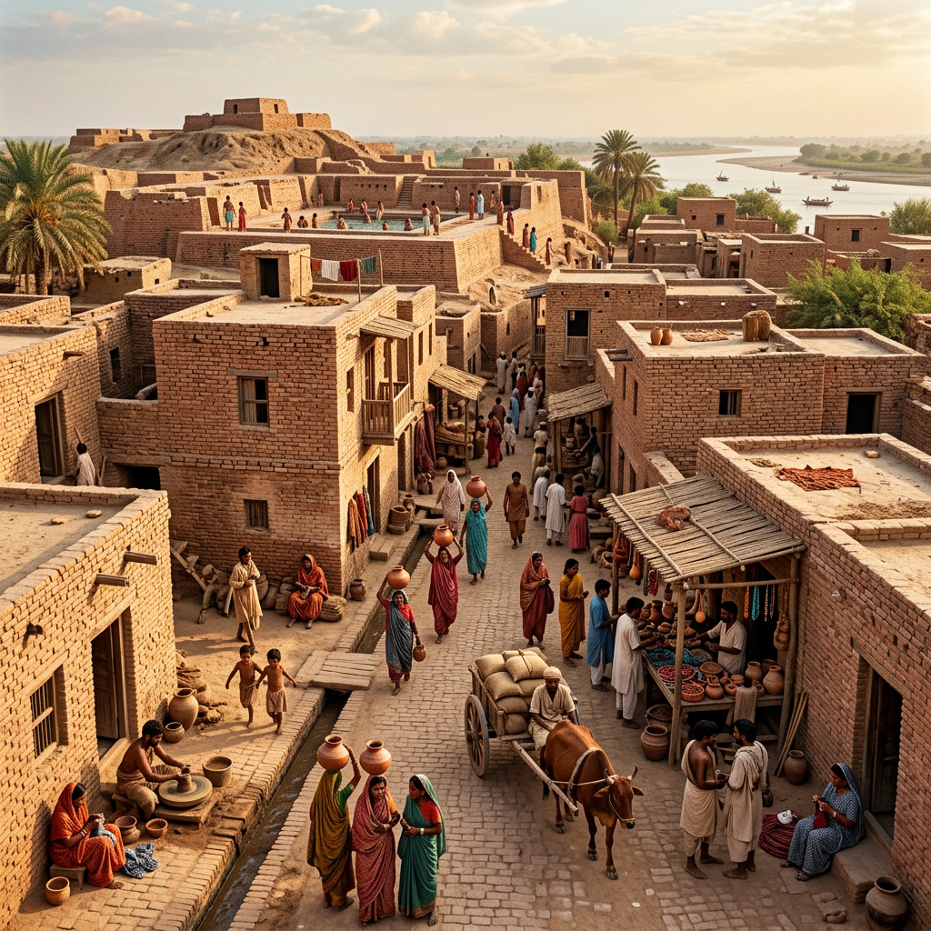 Ancient village street with people, pottery market, ox cart, and river in background
