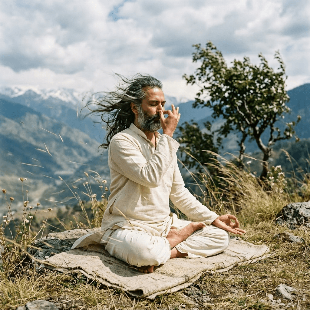 Man sitting cross-legged on a mat practicing pranayama breathing meditation outdoors