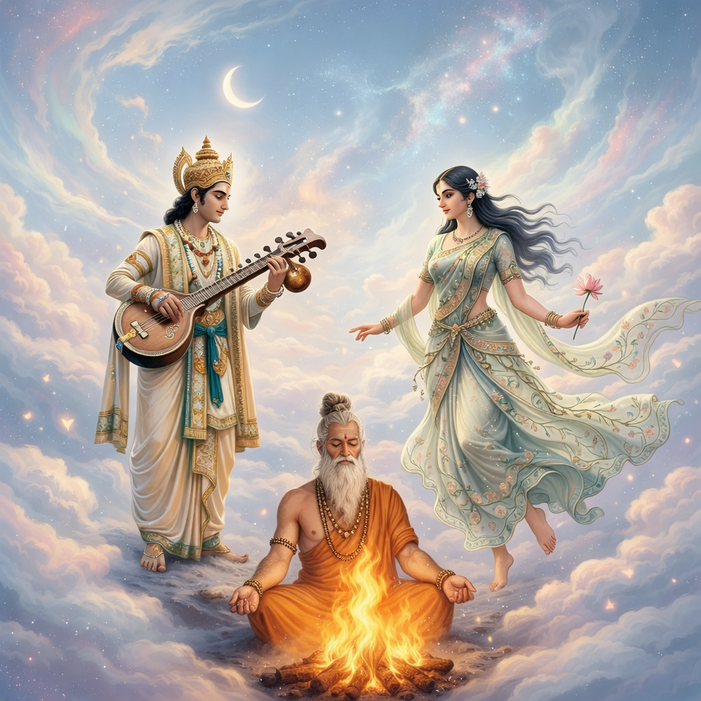 Man playing veena, woman dancing, and meditating sage by fire in forest temple