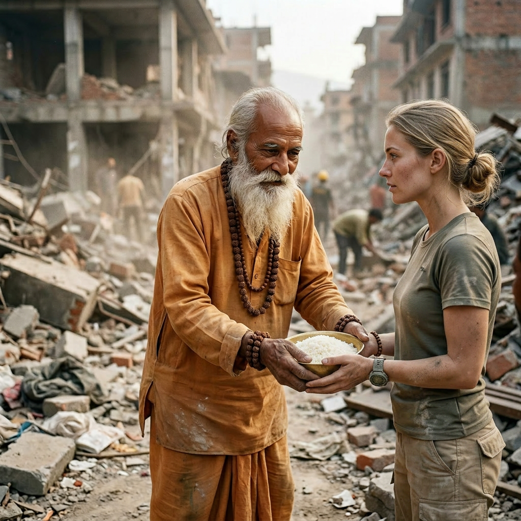 Elderly man in orange robes holding a bowl of rice in a rubble-strewn area