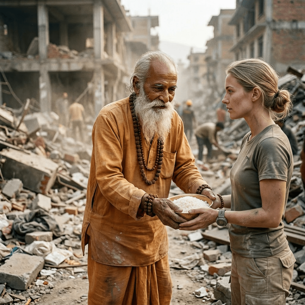 Elderly man in orange robes holding a bowl of rice in a rubble-strewn area