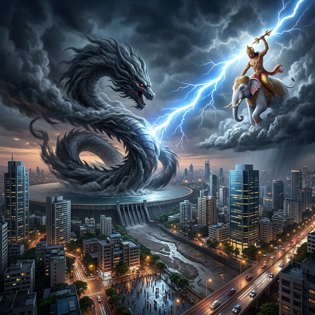 A giant dark dragon emerging from a dam confronts a warrior riding a decorated elephant, wielding a lightning bolt, above a modern city under stormy skies.