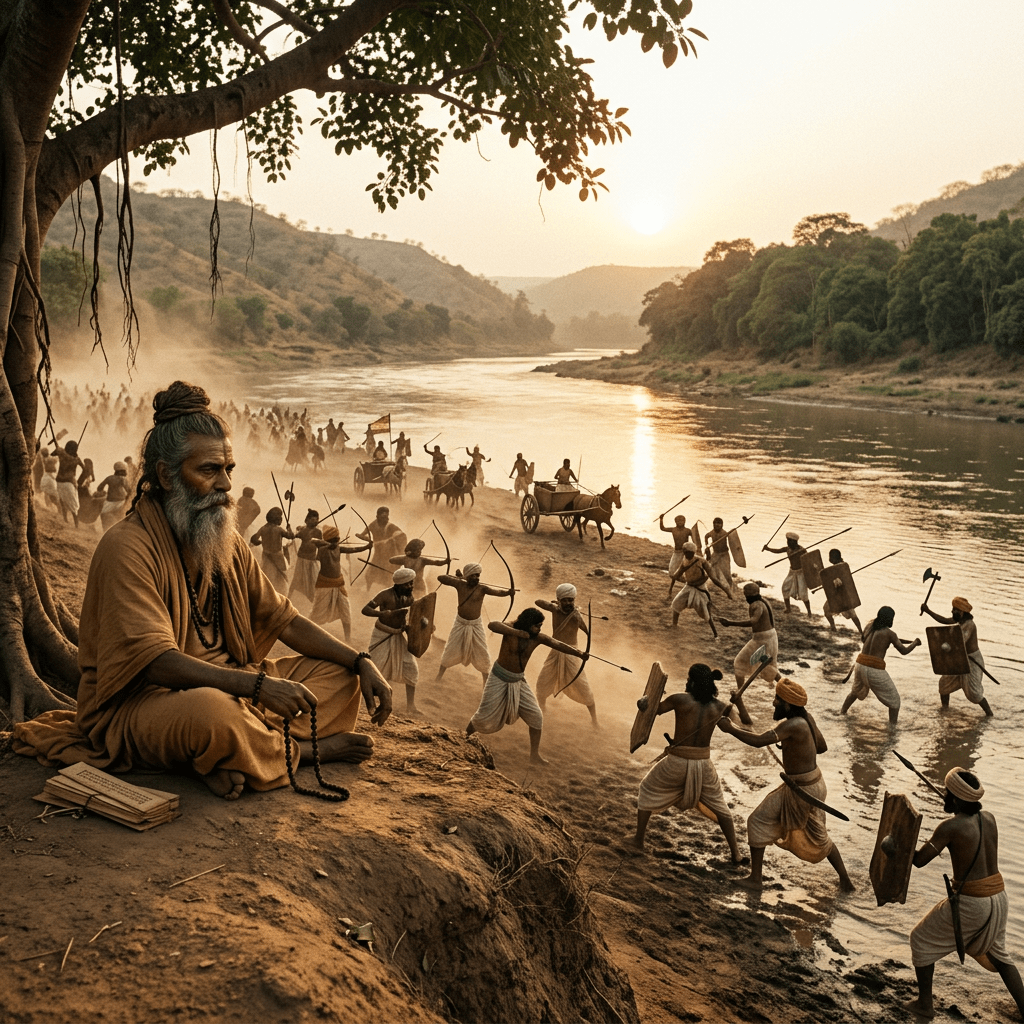 Ancient warriors fighting with bows, shields, and spears beside a river during sunset, with a meditating sage under a tree on the riverbank