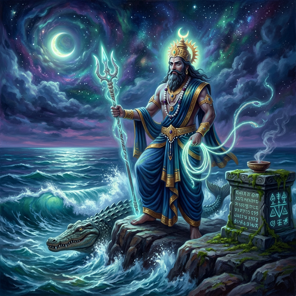 Majestic bearded deity in royal attire holding trident on rocky shore with crocodile in waves and glowing lunar sky