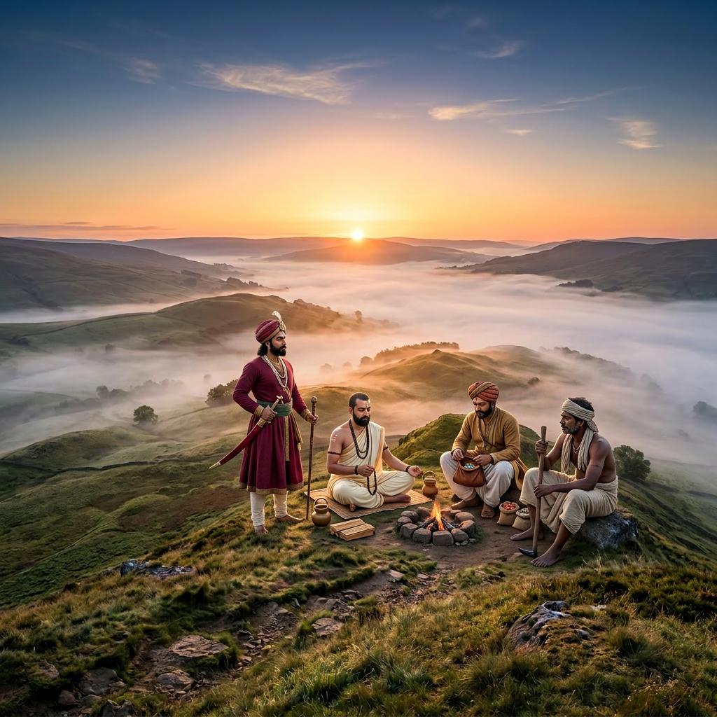 Person hiking on a grassy ridge with misty hills and sunrise in the background