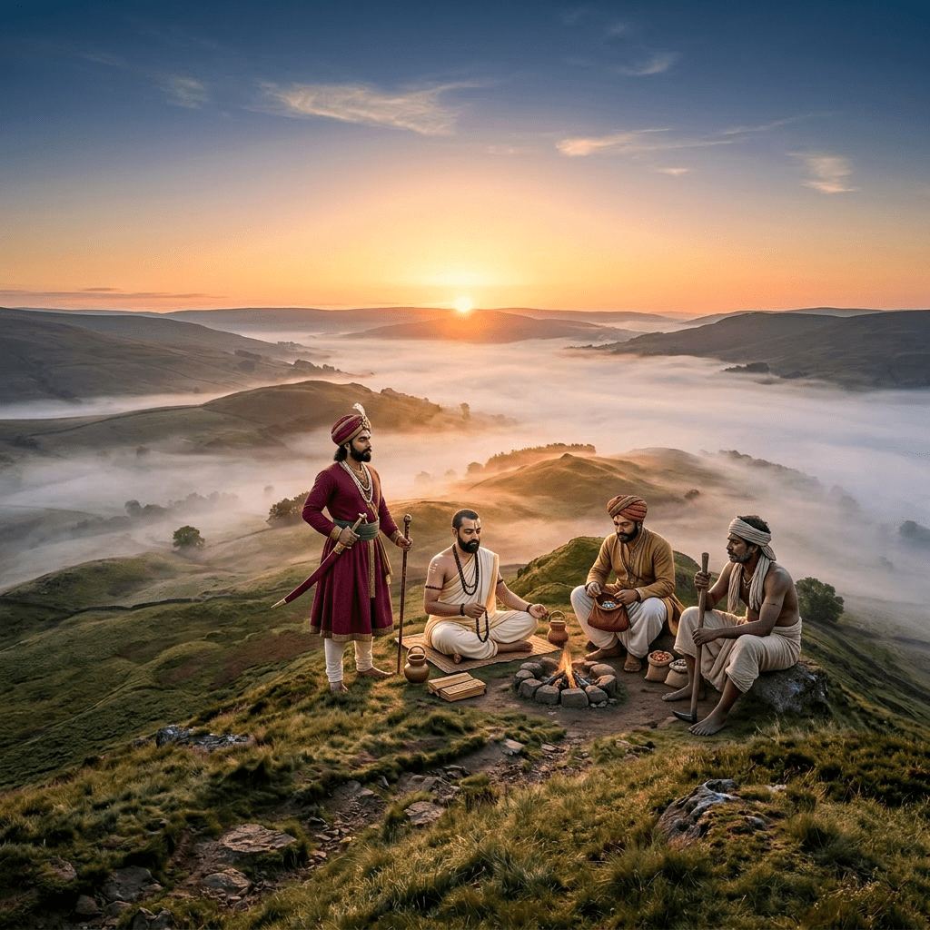 Person hiking on a grassy ridge with misty hills and sunrise in the background