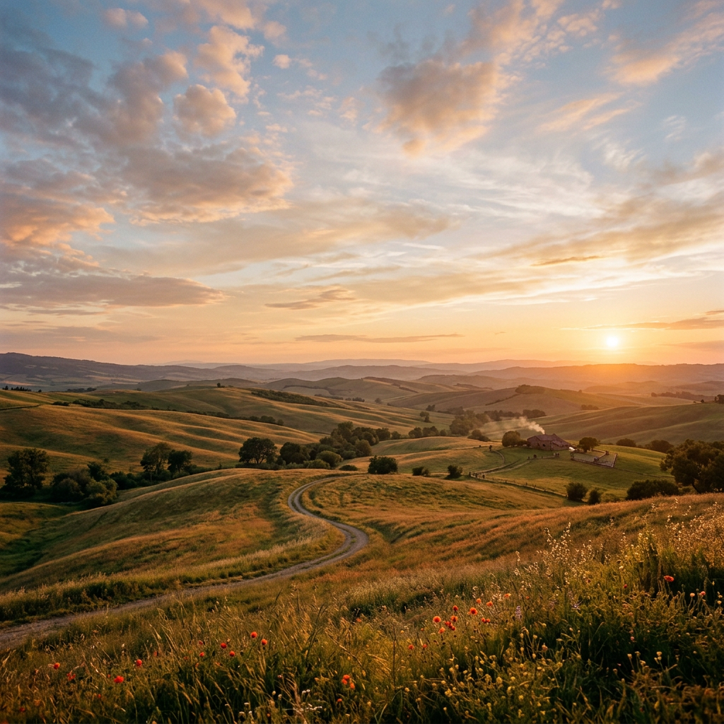 Rolling green hills with winding dirt paths under a colorful sunset sky