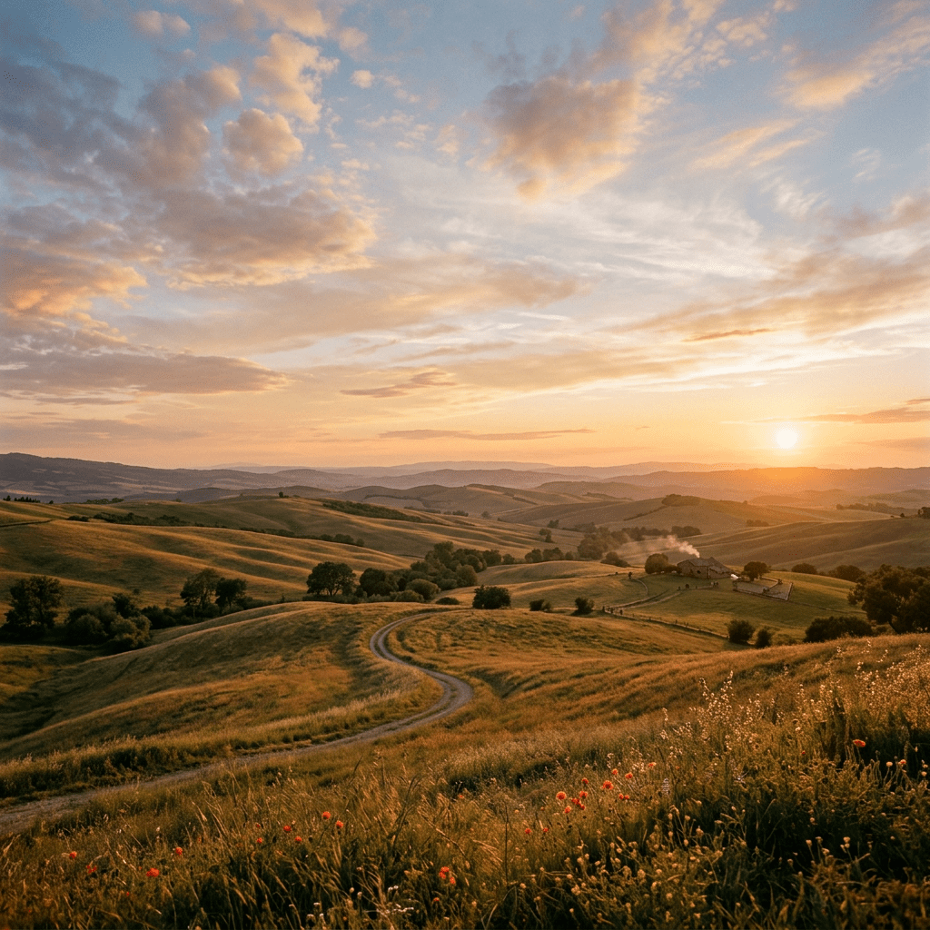 Rolling green hills with winding dirt paths under a colorful sunset sky