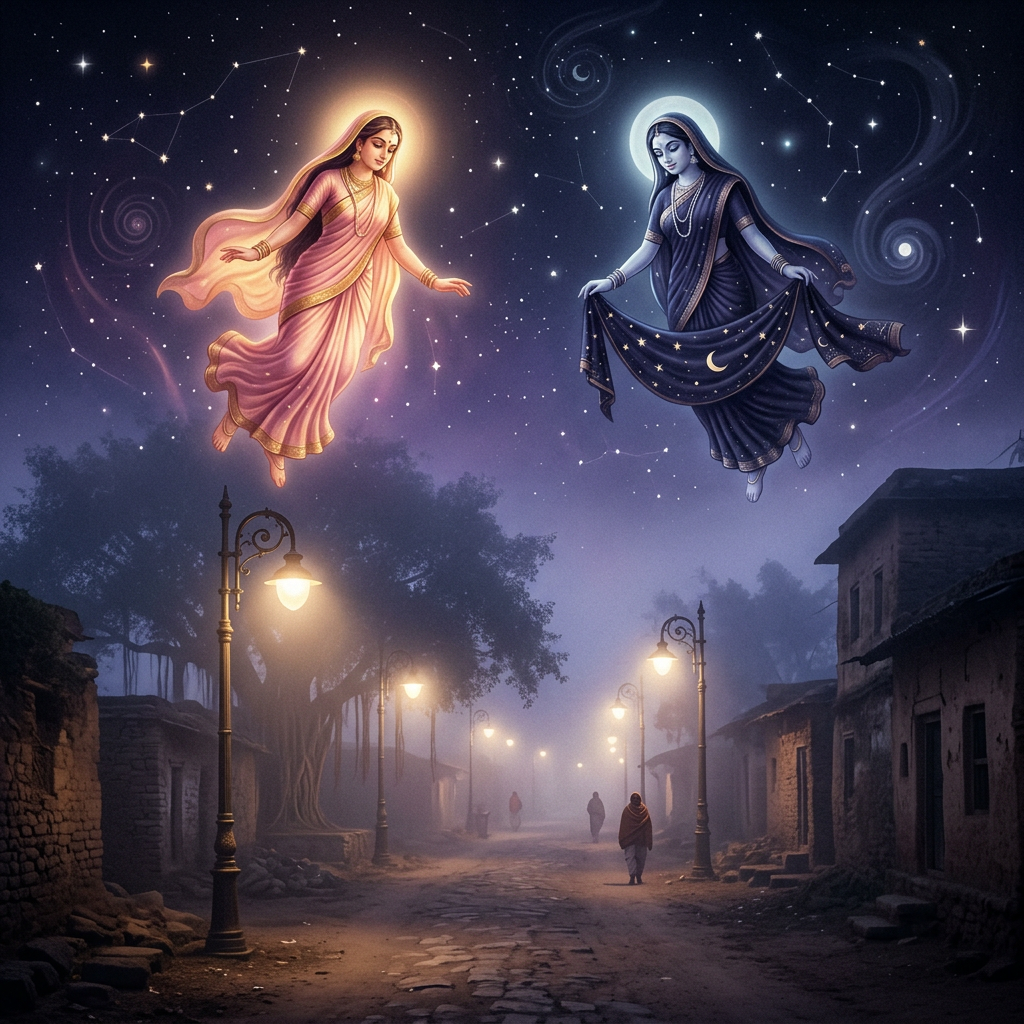 Two ethereal goddesses floating above a village street under a starry night sky