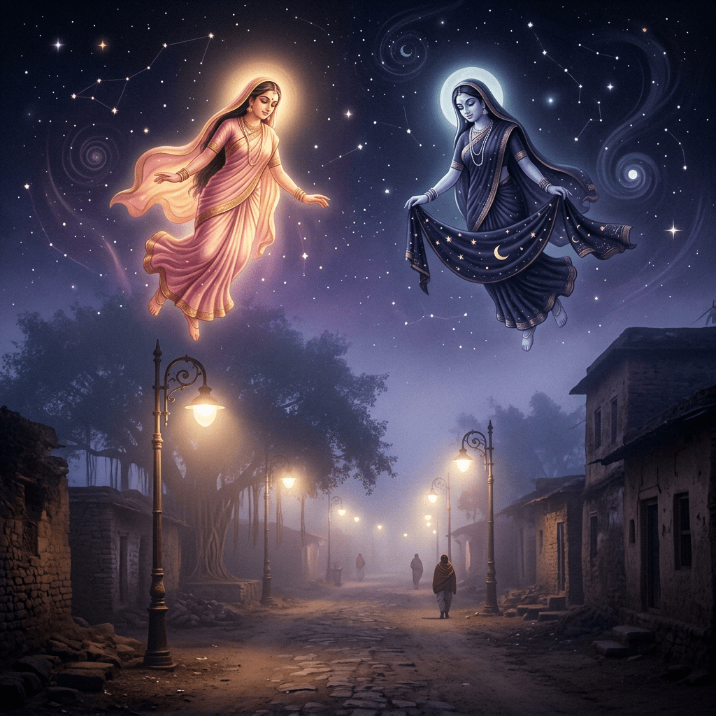 Two ethereal goddesses floating above a village street under a starry night sky