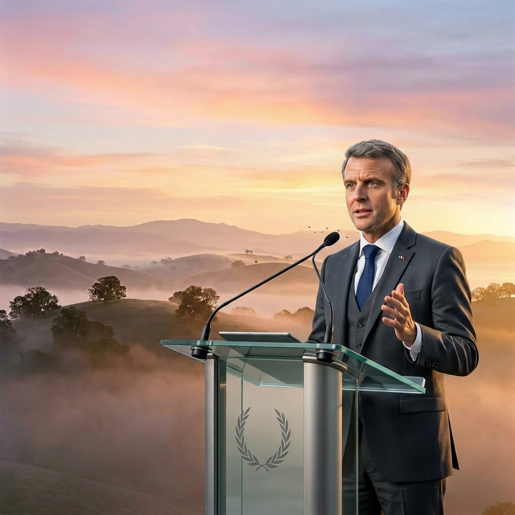 Rolling hills with trees shrouded in morning mist under a colorful sunrise sky
