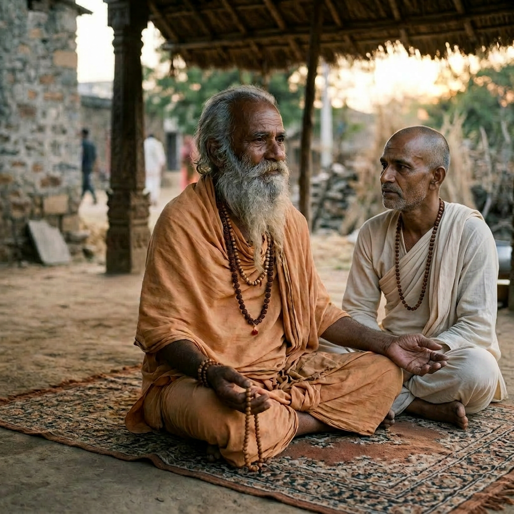 Elderly monk sitting cross-legged on a patterned mat outdoors, holding prayer beads and meditating