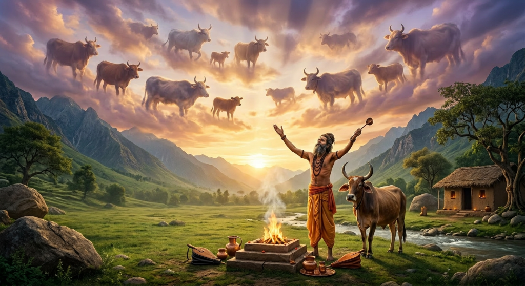 A sage standing by a fire pit performing a ritual with cows around in a mountain valley during sunset