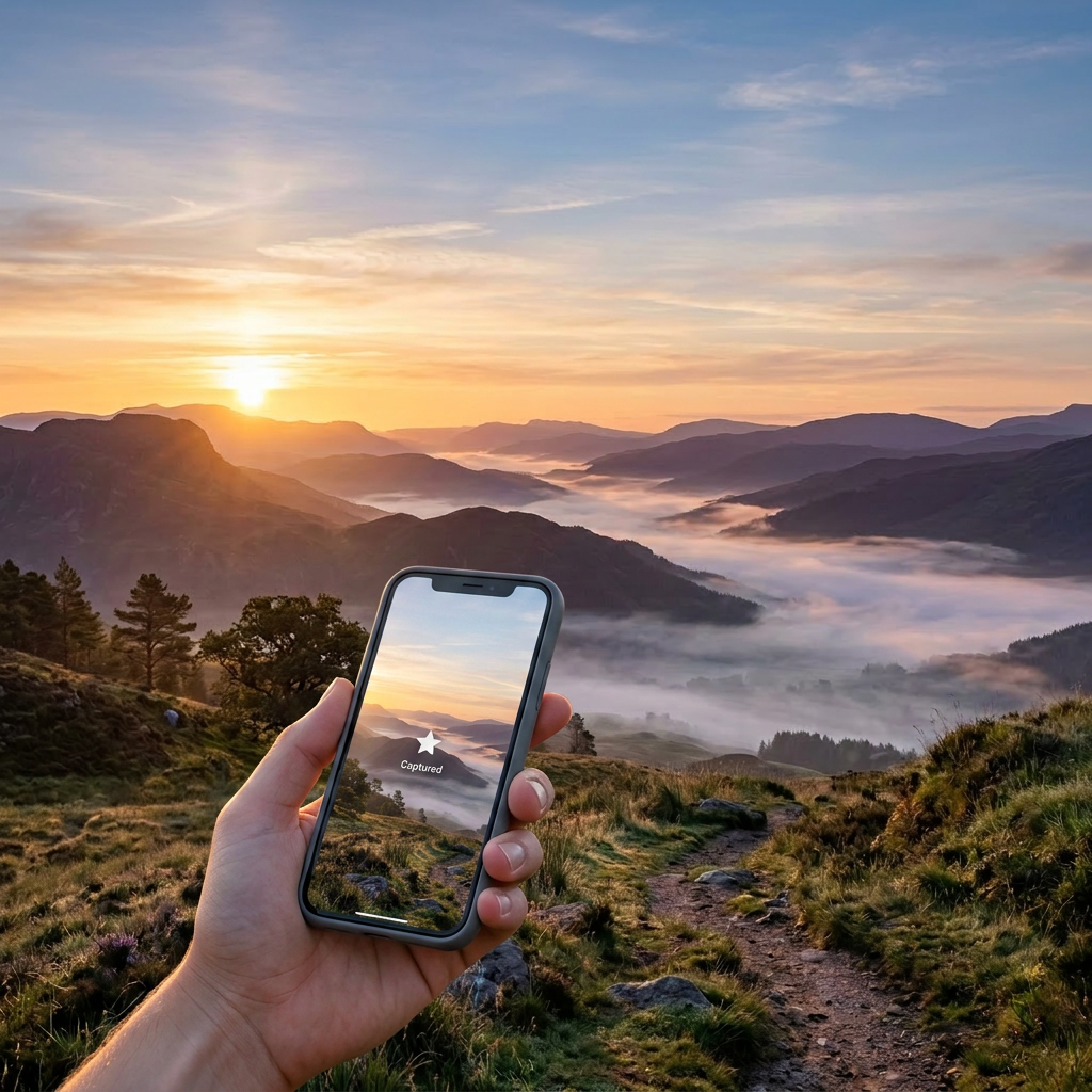 Mountain valley at sunrise with mist in the lowlands and a grassy trail in foreground