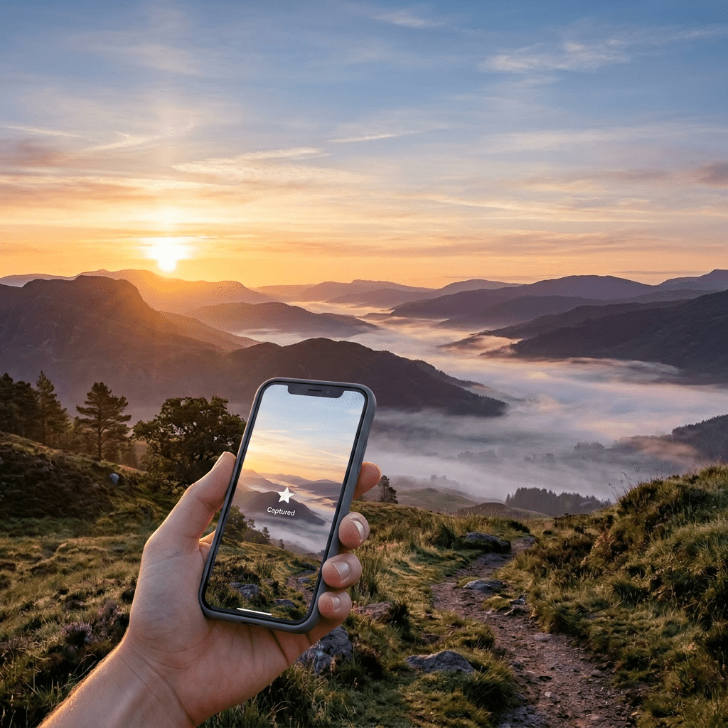 Mountain valley at sunrise with mist in the lowlands and a grassy trail in foreground