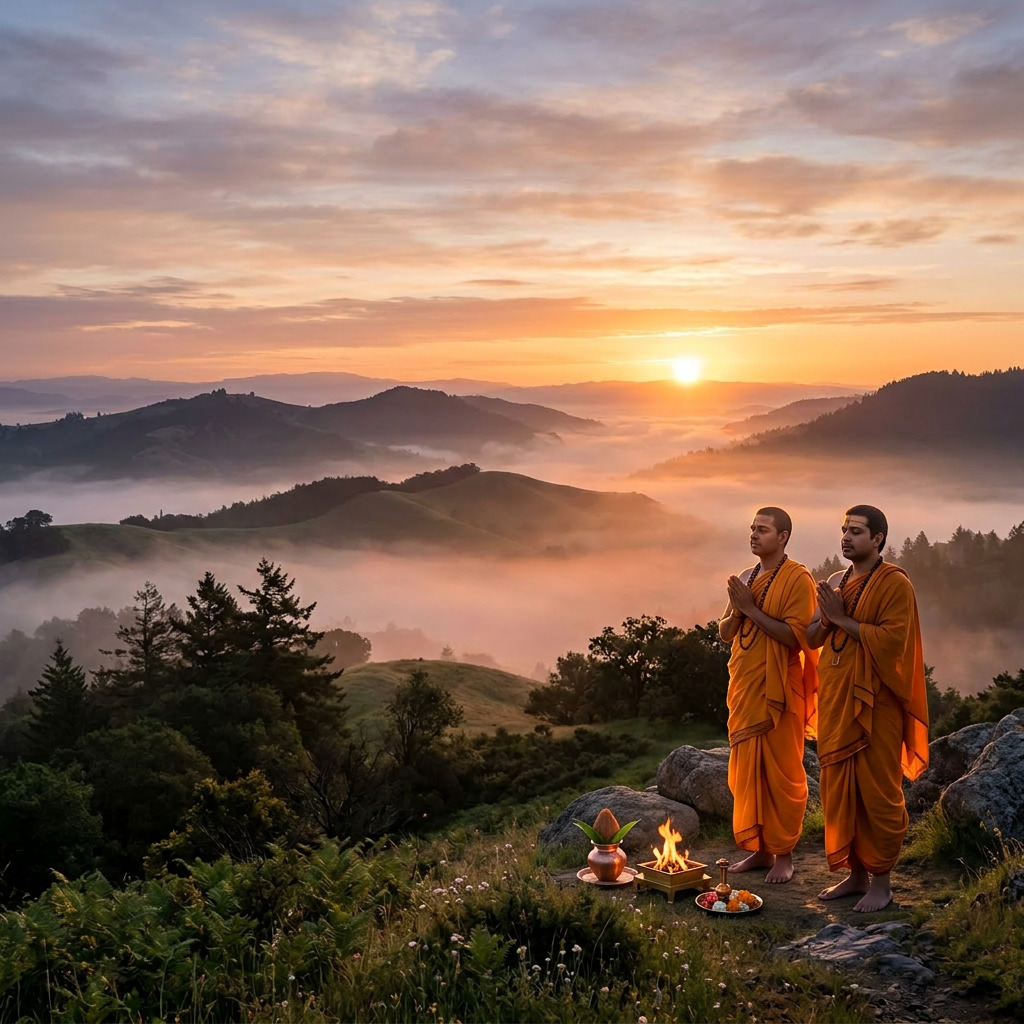 Sunrise illuminating misty rolling hills with trees and a winding path in the foreground