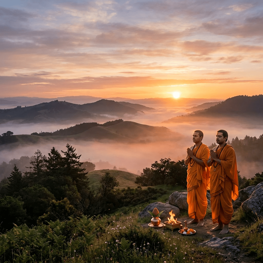 Sunrise illuminating misty rolling hills with trees and a winding path in the foreground