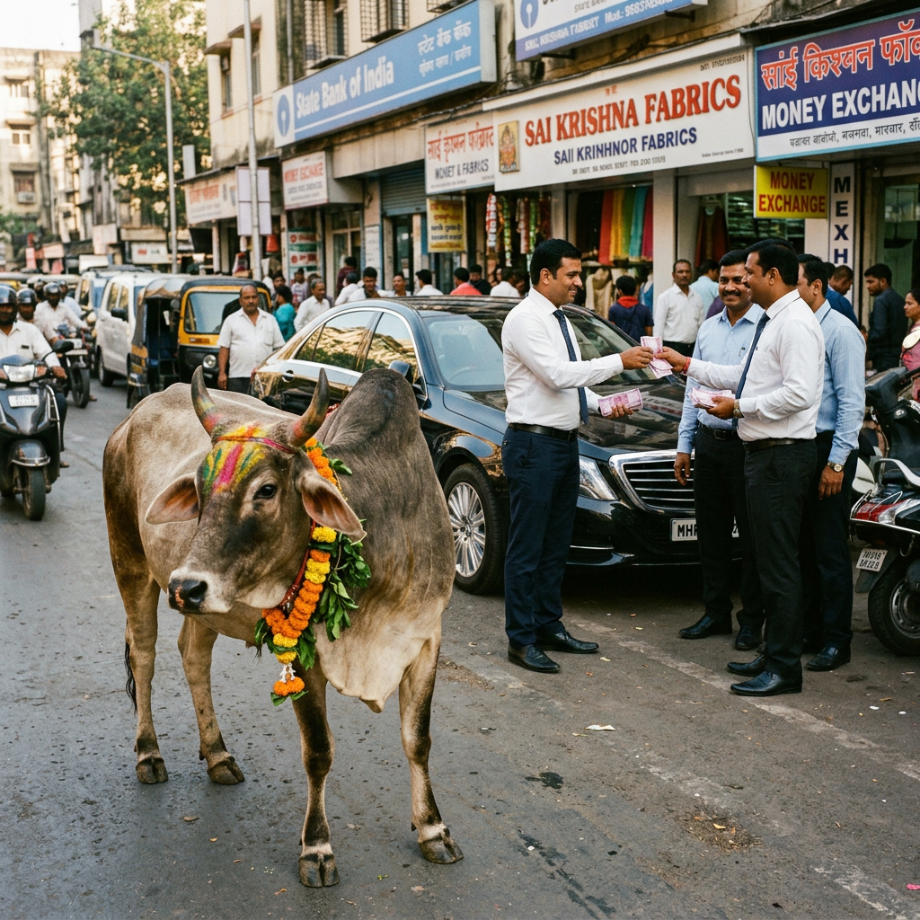 Decorated cow on busy urban street with businessmen exchanging currency