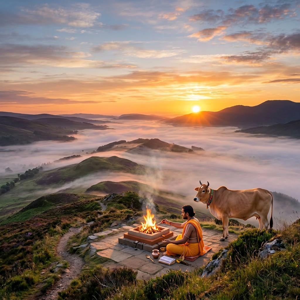 Sun rising over green hills with fog filling valleys