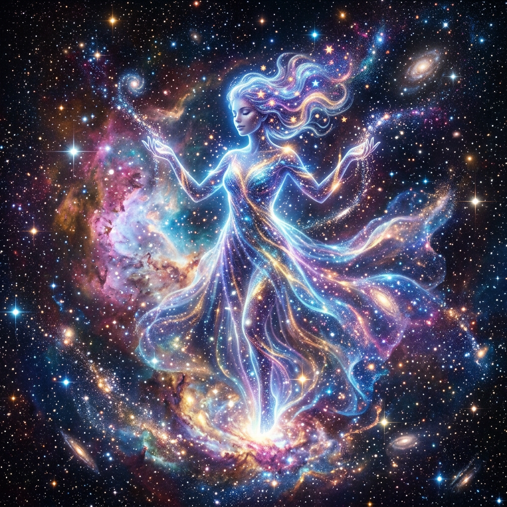 A glowing ethereal woman figure composed of stars and cosmic light, surrounded by galaxies and nebulae.