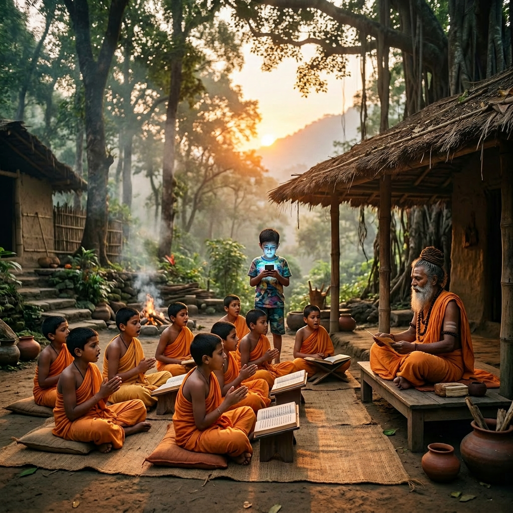 Young monks in orange robes sitting outdoors listening to an elderly guru reciting scriptures