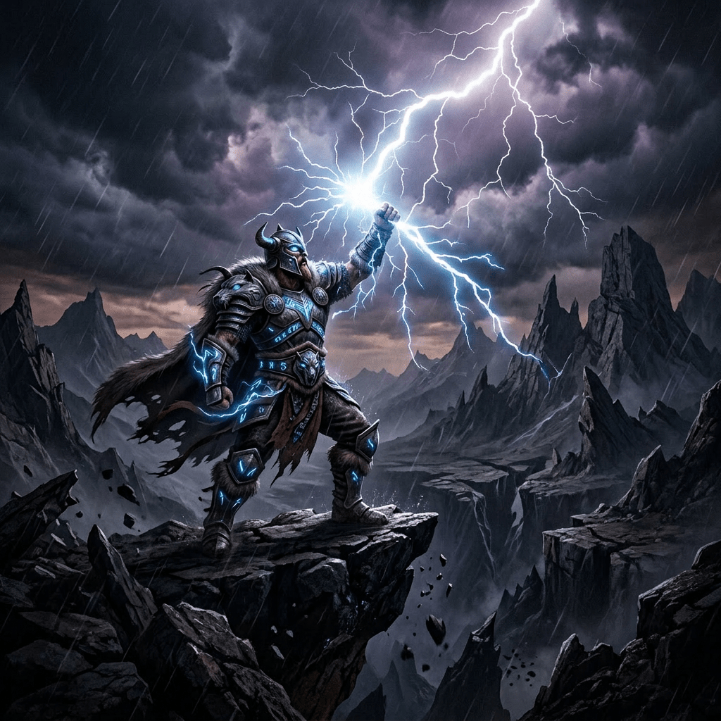 Viking warrior in armor raising a glowing hammer to summon lightning in a stormy mountainous landscape